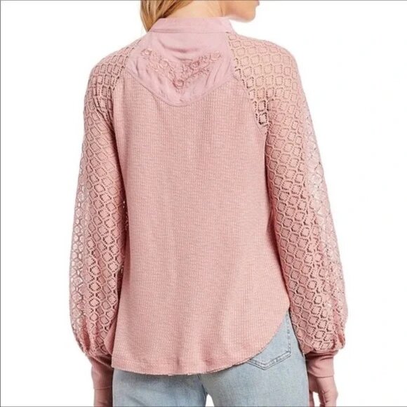 Free People Sweetest Thing Thermal Lace Long Sleeve Top Womens Size Medium - Picture 2 of 15